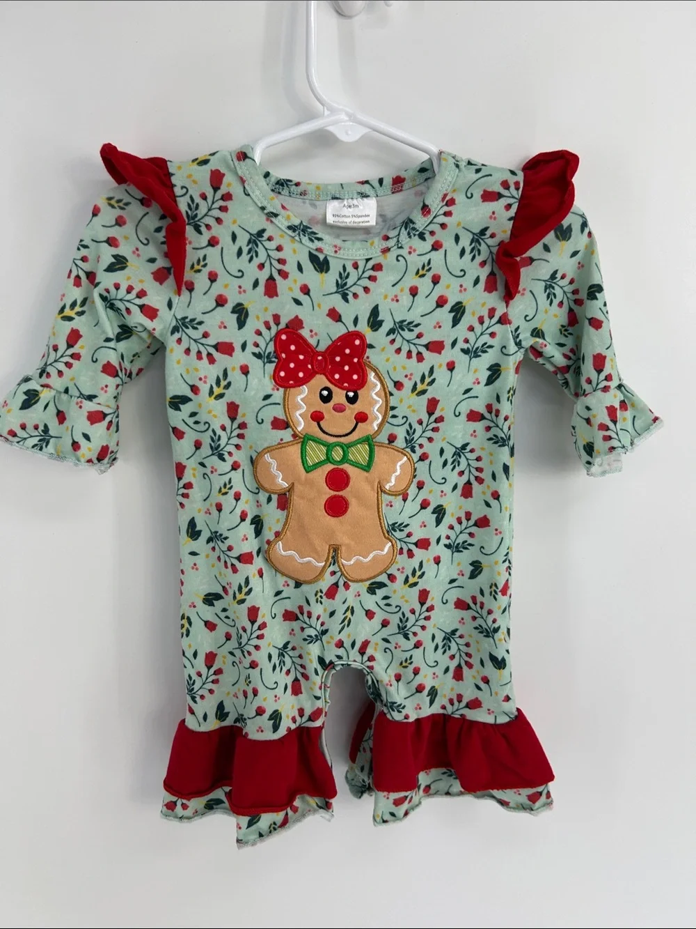 Baby Girl Boutique Gingerbread Holiday Mint/Green Ruffle Romper - 3 months